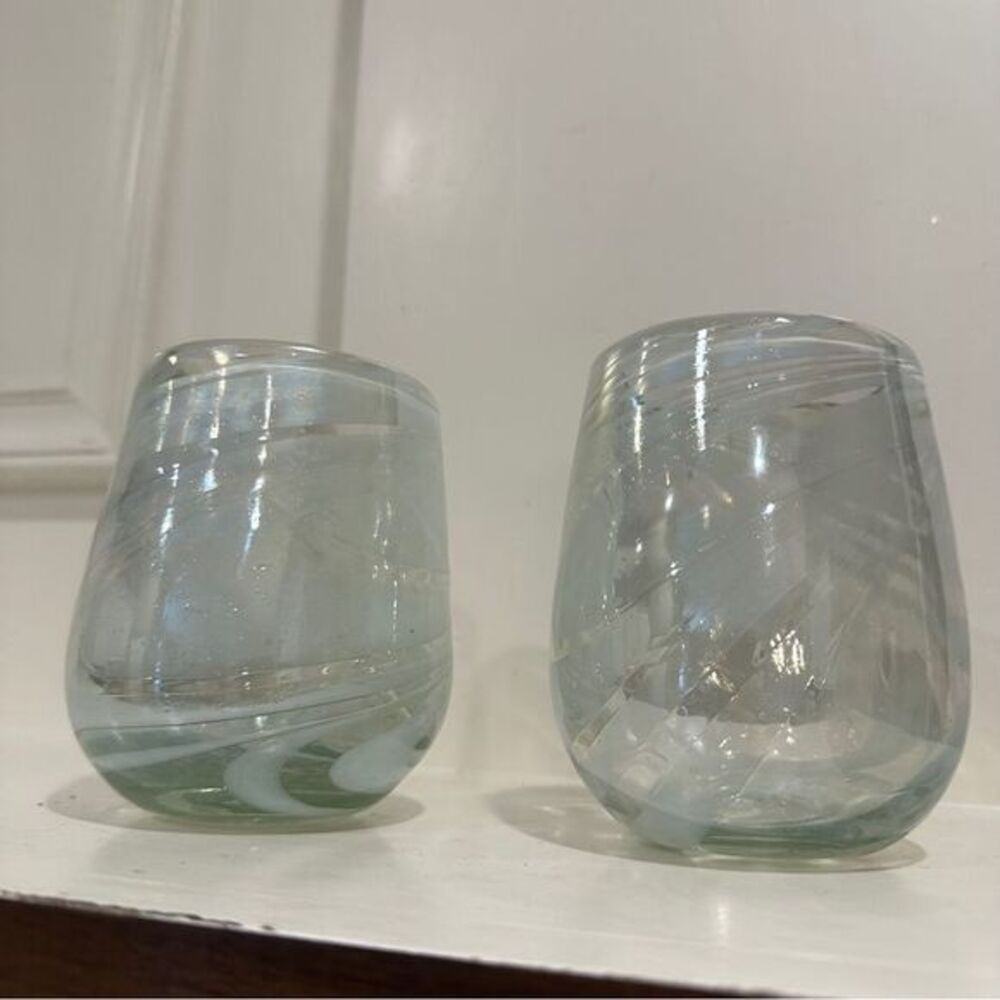(2) Hand blown glass tumblers  Tumbler Set - Clear with white glitter flecks